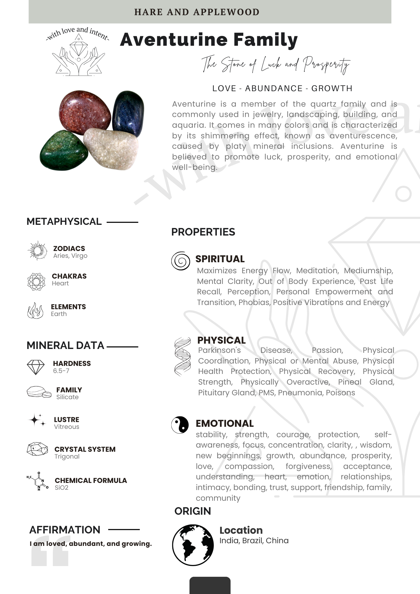 Crystal information cards A B C D E F G H