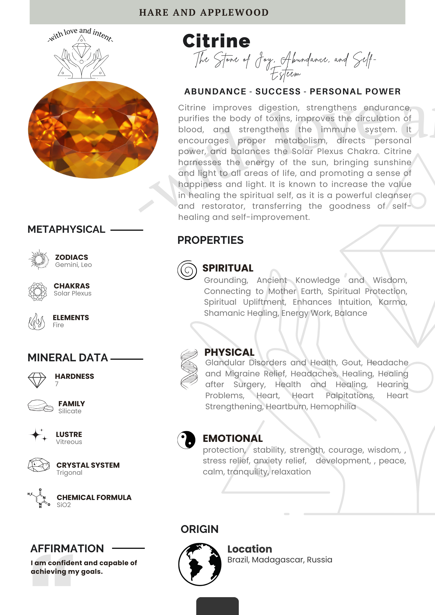 Crystal information cards A B C D E F G H